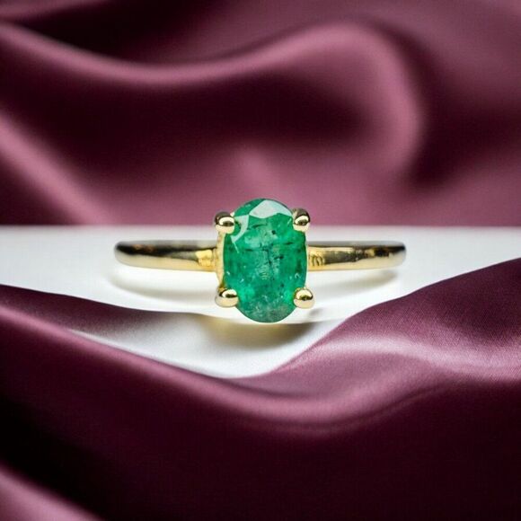 10K Gold -Natural Colombian Emerald Ring -Size 7- Oval Cut Solitaire Ring -1.5g - Picture 9 of 16